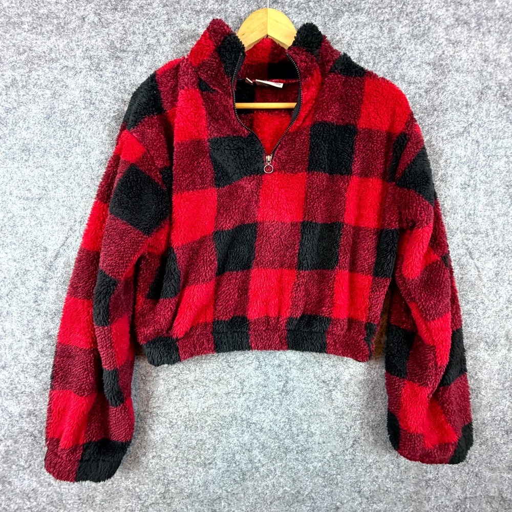SO Crop Top Fleece Womens Small Red Black Buffalo Plaid Soft Grunge 1/4 Zip